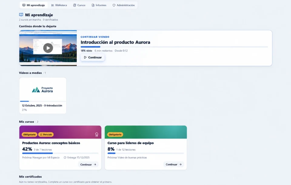 Mi aprendizaje en ATLAS con datos ficticios: vídeo en curso, cursos obligatorios y su progreso.