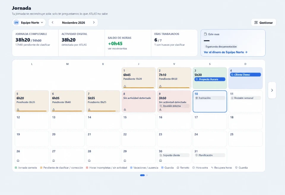 Calendario mensual de jornada de ATLAS con datos ficticios: horas por día, pendientes de clasificar y saldo de horas.