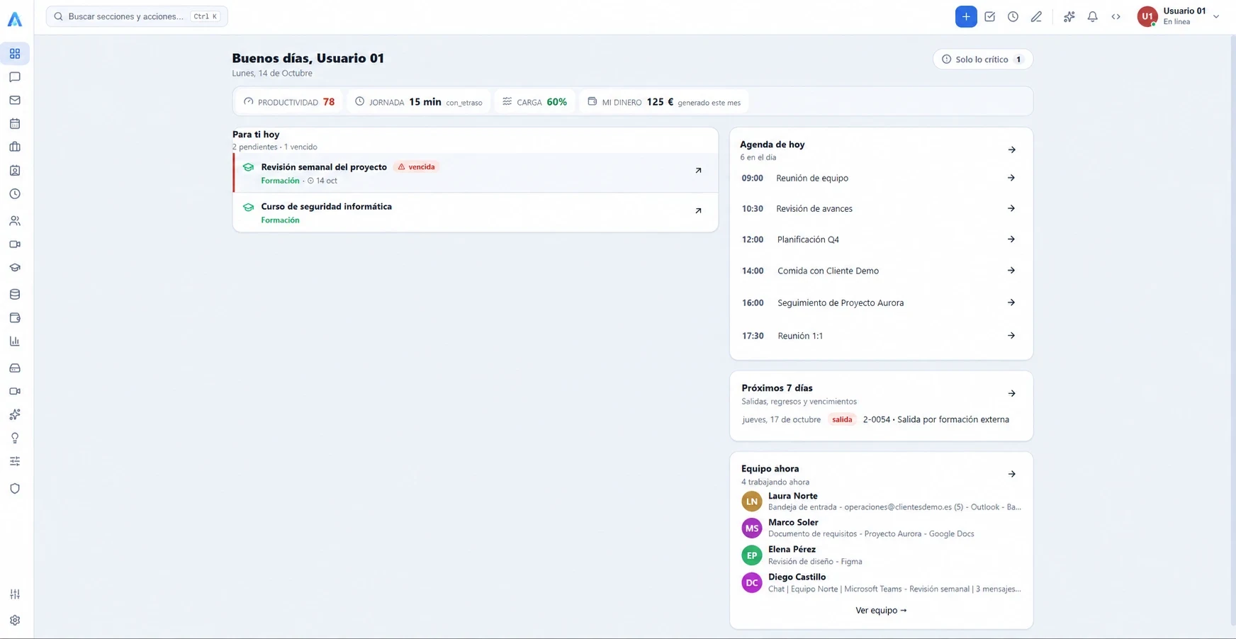 Pantalla de inicio de ATLAS con datos ficticios: tareas de hoy, agenda del día, próximos siete días y miembros del equipo trabajando ahora.